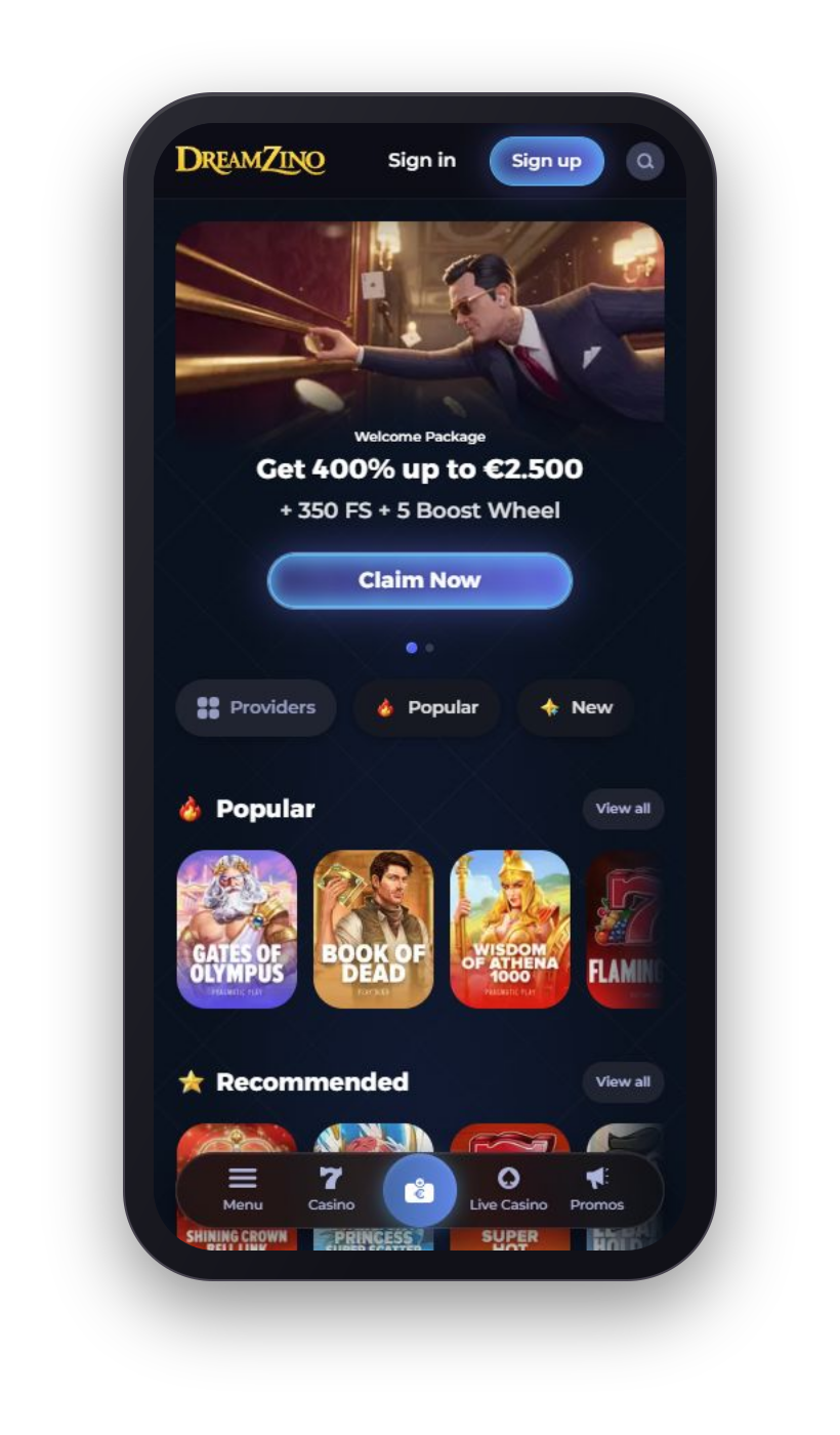 Dreamzino casino on mobile: welcome package banner and popular games